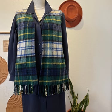 Vintage Handmade Green & Blue Wool Plaid Long Fringe Trim Duster Vest 