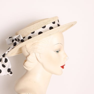 1950s White Straw Wicker Woven Wide Brim Black and White Polka Dot Bow Sun Hat 