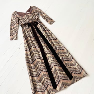 1970s Metallic Chevron Maxi Gown with Velvet Bow 