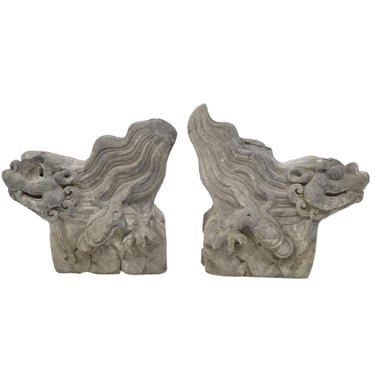 Antique Chinese Ming Dynasty Architectural Terracotta Roof Tile Figure Qilin Foo Dog Guardian Lion - Imperial Roof Decoration Statue Pair 