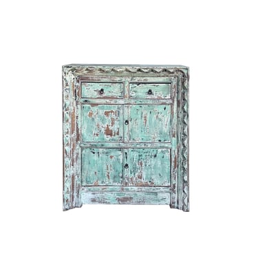 Distressed Soft Turquoise Green Geometric Edge Credenza Storage Cabinet ws4458E 