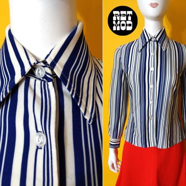 Cool Vintage 60s 70s Navy Blue & White Stripe Button Down Collared Shirt 