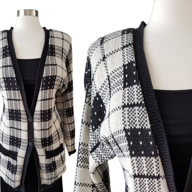Vintage Plaid Cardigan, Small Medium / Long Black and White Tartan Sweater / Cotton Knit Button Up V Neck Cardigan 