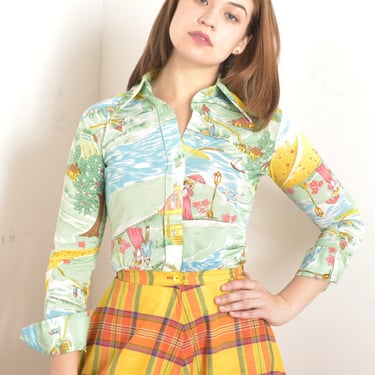 Vintage 1970s Blouse / 70s Novelty Pastoral Print Button Up / Green Blue Yellow ( small S ) 