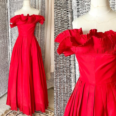 Vintage 80s Strapless Party Dress, Cocktail Maxi, Victor Costa, Train, Pleated Ruffles, Red Taffeta, Formal Wear, Evening Wear 