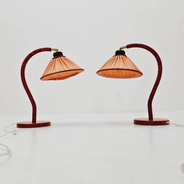 One of two Swedish vintage table lamps in brass and wood by Markslöjd, 1980s 