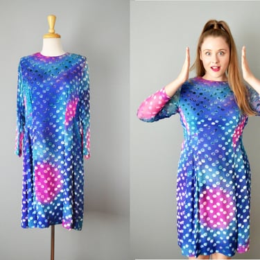 1970s Polka Dot Silk and Velvet Monét Water Lilly Bergdorf Goodman Dress / Size Large 