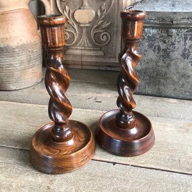 English Oak Barley Twist Candlesticks, 8 inch, Rustic Wood Candle Holders, Edwardian Era, Pair, Set of 2 