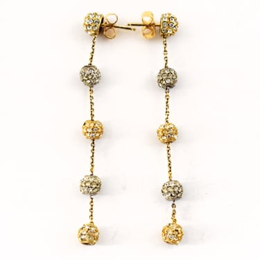 Mod 80's sterling vermeil rhinestone ball & chain shoulder dusters, swinging 925 silver crystal dangle earrings 