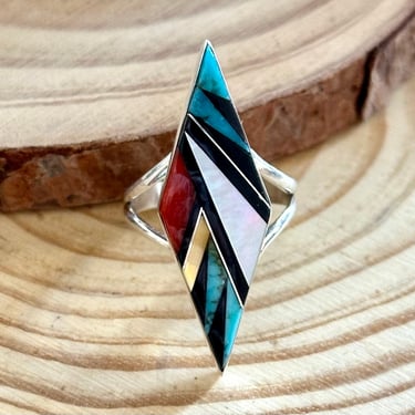 CLEO KALLESTEWA Multi Stone Inlay Zuni Ring | Native American Southwest Sterling Jewelry Mother Of Pearl Turquoise Jet Spiny Oyster | Size 8 