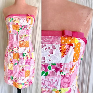 Vintage Lilly Pulitzer Dress, Strapless, Bold Floral Print, 90s 00s 