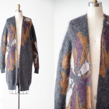 long mohair sweater | Vanessa Bruno gray mustard yellow purple wool modern abstract dark academia oversized fuzzy cardigan 