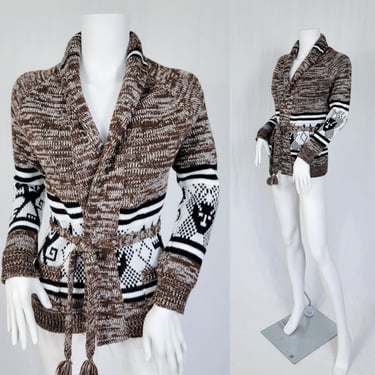 1970's Brown Space Dye Aztec Print Acrylic Wrap Sweater I Sz Sm I Tie Waist 