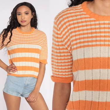 Striped Knit Shirt 70s Sweater Top Orange Sherbert White 80s Short Sleeve Hipster Pullover 1970s Top Retro Preppy Vintage Knitwear Large L 