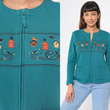 Birdhouse Cardigan Sweater 00s Bird Zip Up Sweatshirt Teal Green Rhinestone Embroidered Cardigan Y2K Cute Novelty Vintage Medium Petite 
