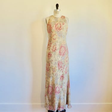 1990's Ralph Lauren Tan Beige Silk Rose Floral Print Bias Cut Long Maxi Dress 1930's Style 30's Tea Dresses Tank Style Spring Summer Size 14 