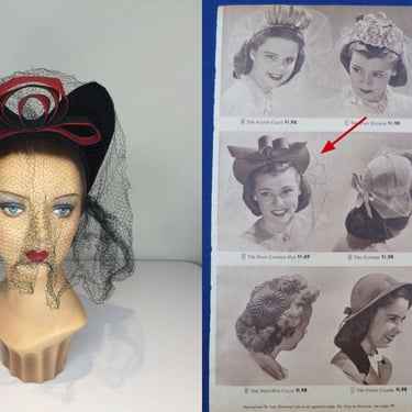 Beau Catcher - Vintage 1940s Black Heart Shaped Halo Wool Felt w/Red Ribbon Loops Veiled Hat 