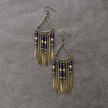 Chandelier earrings, purple pearl earrings, boho tribal earrings, gypsy statement earrings, unique bohemian earrings, antique bronze 