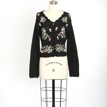 Lovely knit cardigan | Vintage 90s black 3D floral embroidered ramie cotton knit sweater cardigan 