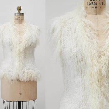 00s Y2K Vintage Knit Rabbit Fur Vest White Knit White Fur Vest Gilet Mongolian Fur y2k white fur wedding Party vest Small 