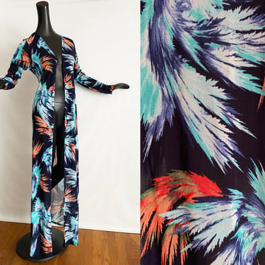 Hawaiian Palm Print Mesh Swimsuit Cover Up | Sheer Stretch Long Sleeve Pool & Beach Maxi Robe | Navy Turquoise Coral Peach | Small / Medium 