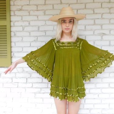 Mexican Gauze Blouse // vintage 70s green mini dress tunic boho hippie hippy 1970s cotton angel sleeves // O/S 