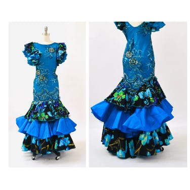 80s 90s Party Dress Sequin Ruffle Gown XXS XS Blue Tropical Flamenco Salsa Floral Print Sequin Dress// 80s Pageant Drag Queen Dress Costume 