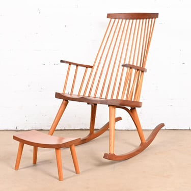 Thomas Moser Shaker Style Studio Crafted Solid Cherry Wood and Ash Rocking Chair With Footstool