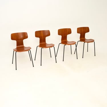 Set of Four Danish Vintage Teak Hammer Chairs by Arne Jacobsen for Fritz Hansen