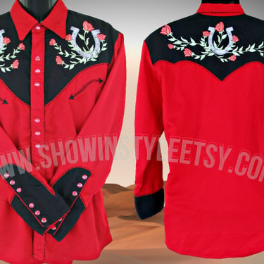 Scully Vintage Western Retro Men's Cowboy Shirt, Rodeo Shirt, Embroidered Horseshoes and Red Roses, Tag Size Large (see meas. photo) 