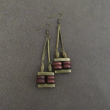 Geometric wooden earrings, bronze dangle earrings, Afrocentric jewelry, African earrings, red brown earrings, mid century modern earrings, 