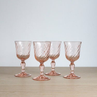 4 vintage 70s French Rosaline cordial, liqueur or port glasses, Luminarc blush pink swirl glassware 