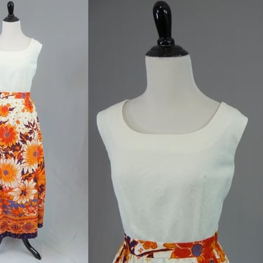 60s 70s Maxi Dress - Fantastic Hawaiian Fabric Floral Border Print Skirt - Orange Blue White Floral - Vintage 1960s 1970s - S 
