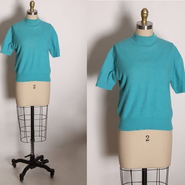 1950s Turquoise Blue Short Sleeve Pullover Sweater Blouse by Bradley -L 