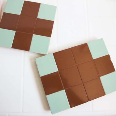 Vintage Tile Trivet Set of 2 - Brown and Mint Tile Pot Holder - Tile Plant Holder - Geometric Colorful Pot Holder 