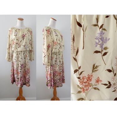 Vintage Sheer Floral Dress - 70s Midi - Modest Flower Print Boho Hippie Blouson Dress - Size Medium 