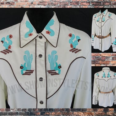 Vintage Retro Women's Cowgirl Western Shirt by Scully, Rodeo Blouse, Turquoise & Copper Cactus Embroidery, Tag Size XLarge (see meas. photo) 