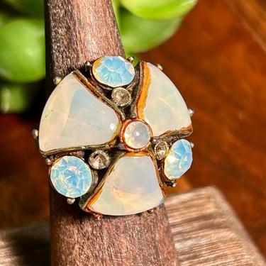 Vintage Opaline Paste Glass Gemstone Ring Faux Opals Iridescent Stones Art Deco Art Nouveau Jewelry 