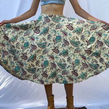 50's Skirt / Cotton Midi Skirt /  Gold Stamped Print Summertime Cotton Skirt / Picnic Skirt with Pockets  / Garden Party Retro Print Skirt 