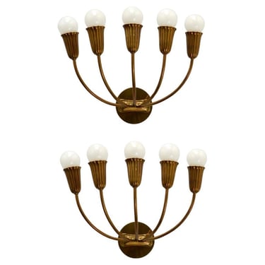 Pair of 5 Arm 1940s Italian Botanical Sconces