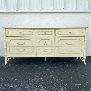 Vintage Faux Bamboo Dresser with 9 Drawers by Dixie - Hollywood Regency Fretwork Coastal Chinoiserie Credenza Furniture 