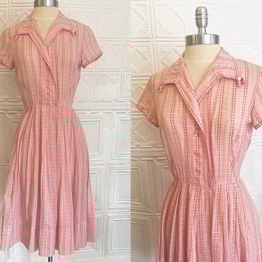 Vintage 1950s Pink Cotton Dimity Shirtwaist Dress/ Sweet 50s Fit and Flare Summer Day Dress S 