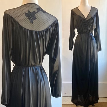 Vintage 70s Sexy Drapey Robe /  SHEER Back + DAFFODIL Applique / Wrap Style 
