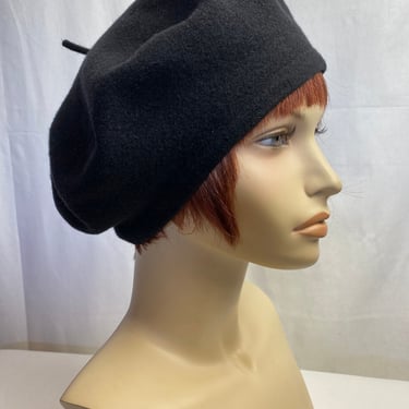 Vintage 100% black wool beret’~ 1980’s-90’s oversized classic tam beret’ boho hipster preppy fall winter fashion large 