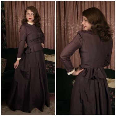 1950s Dress - Late 40s/Early 50s New Look Dusky Plum Taffeta Ensemble with Full Length Skirt and Fit and Flare Tailored Jacket 