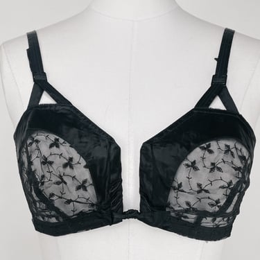 Vintage 50s Black Embroidered Marquisette Cup Wet Look Nylon Bra "Hi-Low Witchery" by Exquisite Form 34B Small | Sexy, Valentines | 2 OF 3 