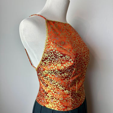 Beautiful Asian silk brocade halter top Backless micro floral cinched waist~ orange-red hue shiny metallic/size 4 SM 