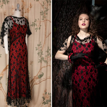 1930s Dress - Exquisite Vintage 30s Sheer Black Embroidered Net Gown with Fluttering Cape & Red Silk Slip 