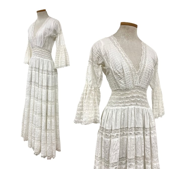 Vintage 60's Mexican buy wedding crochet & embroidered lace dress