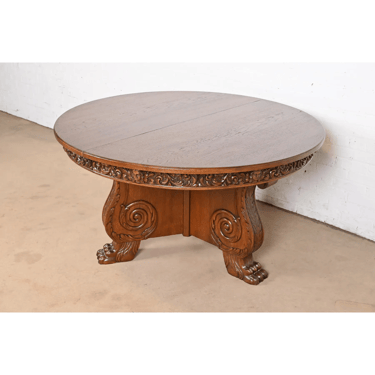 R. J. Horner Antique Victorian Carved Oak Pedestal Extension Dining Table, Newly Restored